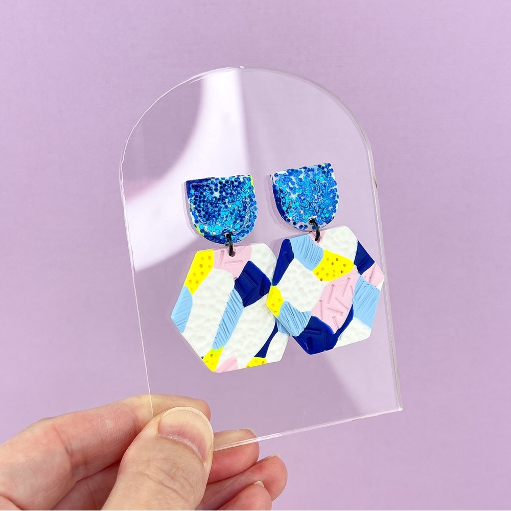 Abstract Textured Design Glitter Hexagon Dangle Handmade Clay Earrings - Picture 5 of 11
